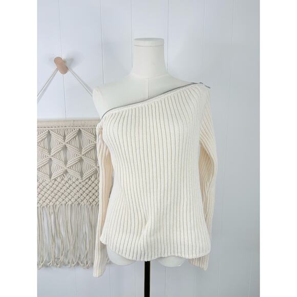 Zara Ribbed Off Shoulder Zip Sweater Size Medium White Ivory - Picture 3 of 10
